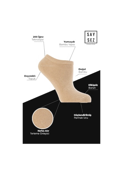 Saysez Bambu Kadın Sneaker Bej Çorap Dikişsiz Görünmez Bilekte Spor Çorap Premium 4'lü Paket Renkli
