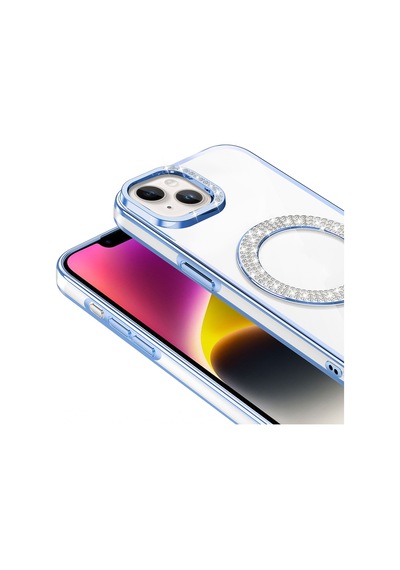 Apple Uyumlu iPhone 13 Kılıf Pırlanta Taş Tasarımlı M-safe Şarj Özellikli Zore Karetta Silikon Kapak Mavi