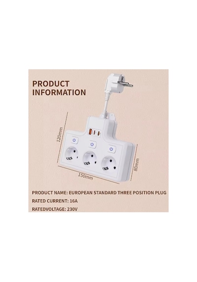 Mep Termal Akım Korumalı 3 Lü Duvar Tipi Priz 1x Usb 2x Type-c Çıkışlı Grup Priz Çoğaltıcı 3500w Najmadd 0 - 2 M