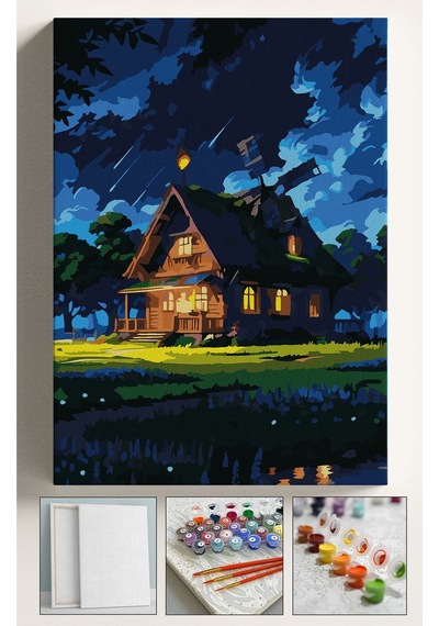 Sayılarla Boyama Seti Numaralı Tuval Fırça Boya Dahil Kasnaklı Set 40x50 Cm - Gece Yıldızlı Ev
