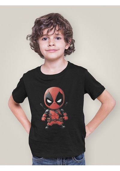 Sevbano Deadpool Baskılı Unisex Film Çocuk Tişört 1-12 Yaş SIYAH