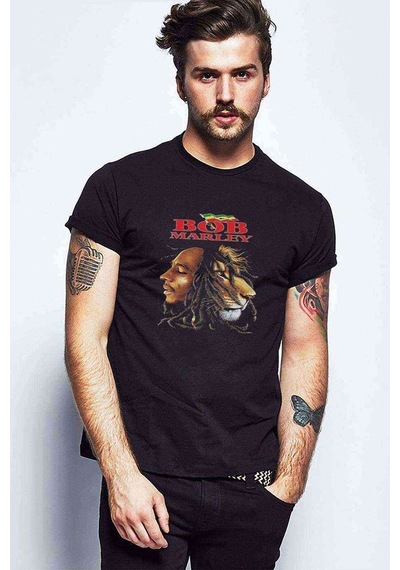 Marley Leon Raggae Metal Rock Muzik Baskılı Siyah Erkek Tshirt