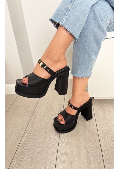 Asmi Shoes Kadın Soha Siyah Toka Detaylı 12 Cm Ortopedik Platform Topuklu Terlik Siyah Siyah