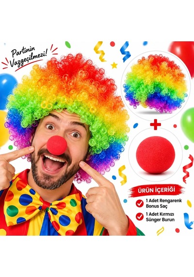 Magicool Rengarenk Bonus Saç Ve Kırmızı Sünger Burun Seti