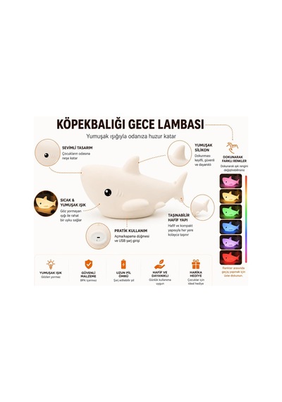 Köpekbalığı Gece Lambası Rgb Led Şarjlı Masa Lambası, Puf Dokunmatik Renk Değiştiren Silikon Çocuk Gece Lambası, Usb Şarjlı Bebek Uyku Işığı,hayvan Figürlü Oda Lambası Diğer