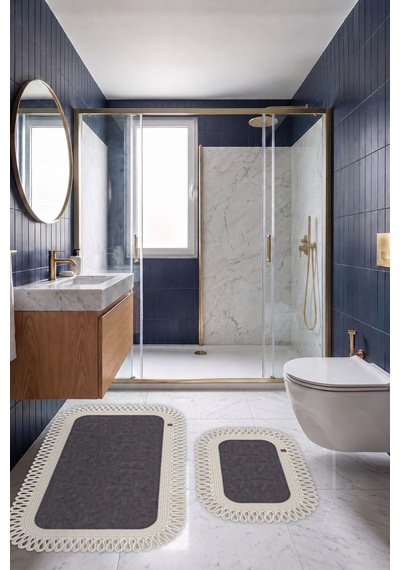 Banyo Paspası Takımı 70x110+50x70 Cm Dış Trikot Antrasit Gri & Krem