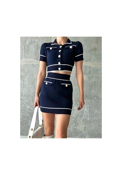 De Pose Kadın Lacivert Polo Yaka Inci Düğmeli Mini Etek Crop Ikili Takım