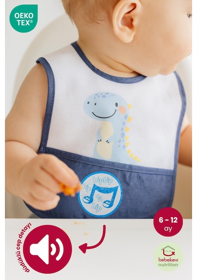 Düdüklü Cepli Sıvama Mama Önlüğü - Smiling Dino Mavi Bebek Önlüğü Koyu Mavi