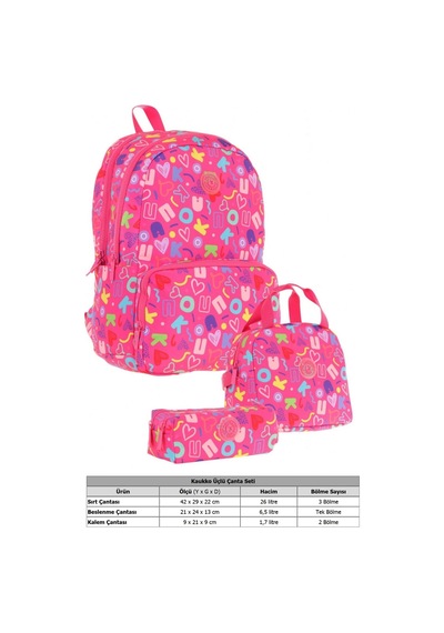 Kaukko Brokar Üçlü Okul Çanta Seti - Pembe - Kalp Ve Kaukko Baskılı - Kız Çocuk Pembe