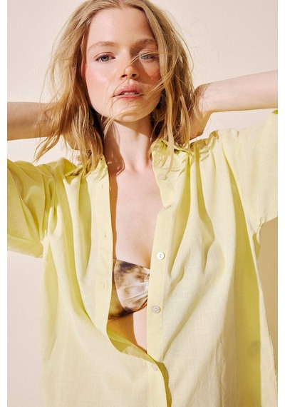 DeFacto Regular Fit Pamuklu Plaj Gömleği-Fall in Love W8241AZ25SMYL118 Sarı