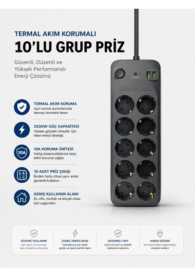 Hubrendy Tekno Termal Akım Korumalı Usb Type-c Girişli 10'lu Grup Priz 2500w Güç Kapasitesi Kopya 0