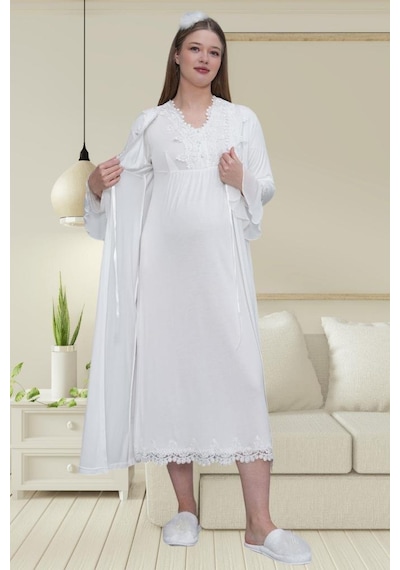 Mecit Pijama Mecit 1519 Bayan Hamile Lohusa Ekru Sabahlık Gecelik Pijama Seti