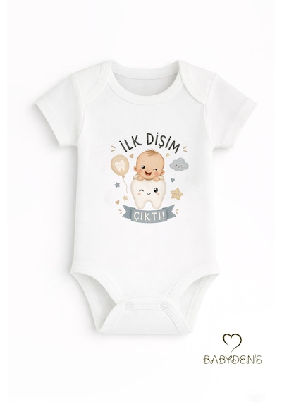 Babyden's İlk Dişim Çıktı Baskılı Kısa Kol Bebek Body %100 Pamuk Unisex Diş Buğdayı Konsept Çıtçıtlı Zıbın Beyaz