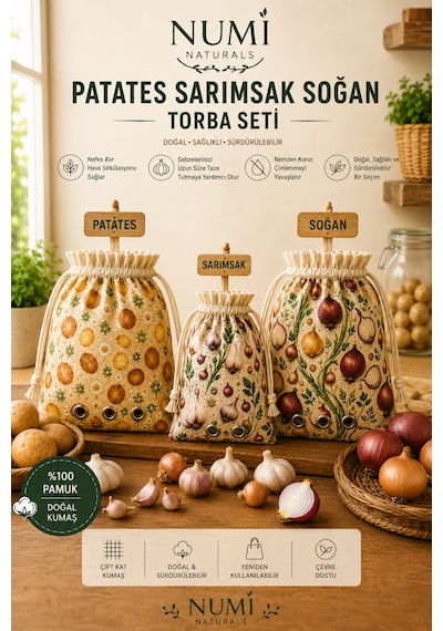 Numı Naturals Patates, Soğan Ve Sarımsak Saklama Torbası Seti %100 Pamuk Nefes Alan Sebze Saklama Çantası 3'lü Set Çok Renkli