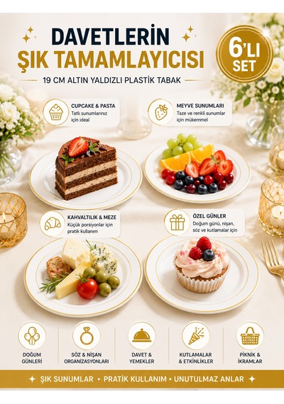 6'lı Altın Yaldızlı Plastik Tabak 19 Cm Porselen Görünümlü Kullan At Parti Davet İkram Tabağı