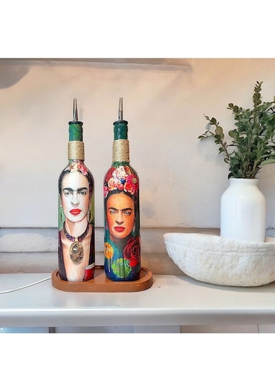 Özel Tasarım 750 Ml Zeytinyağı Sıvıyağ Şişesi Yağdanlık Yağlık Sirkelik Sosluk 2'li Set, Dekor Çok Renkli