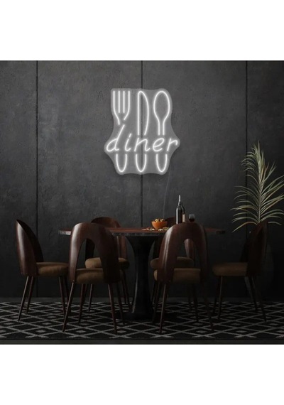 Restoranlara Özel Diner Yazılı Çatal,bıçak,kaşık Şekilli Neon Tabela Beyaz