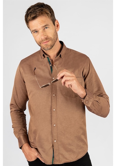 Tudors Klasik Fit Rahat Kesim Poplin Oxford Erkek Gömlek-23434 Kahverengi