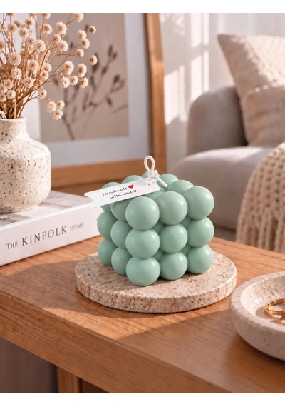 Mumelia Bubble Küp Doğal Soya Dekoratif Blok Mum - Büyük Boy - Su Yeşili