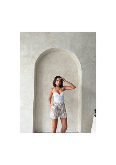 Verymoda Paça Dantelli Çizgili Şort I Vmd2393 Pudra