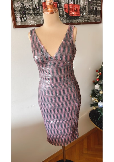 Chica Rosa Fashion Renkli Pullu V Yaka Midi Elbise Pembe - Siyah