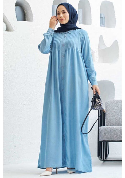 6502-denim Nervürlü Ferace Mavi Mavi
