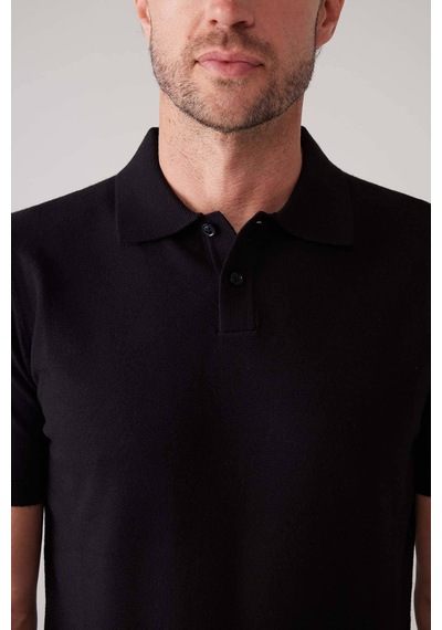 Erkek Siyah Slim Fit Kaşmir Karışımlı Polo Yaka Tişört