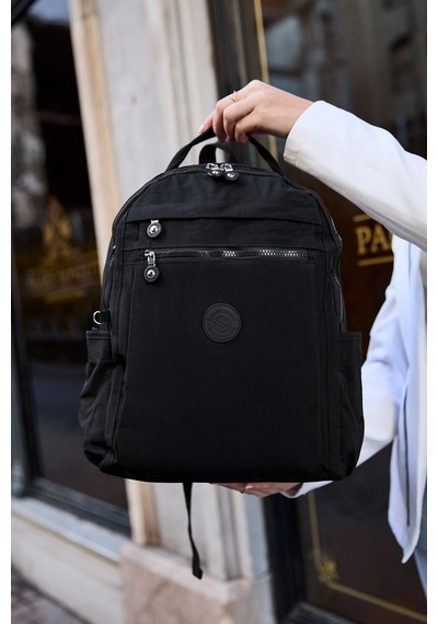 Sanmorris Unisex Suya Dayanıklı Krinkıl Kumaş Çok Gözlü Siyah Laptop Okul Ve Sırt Çantası Siyah