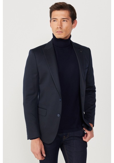 AC&Co / Altınyıldız Classics Erkek Lacivert Slim Fit Dar Kesim Kırlangıç Yaka Desenli Ceket Lacivert