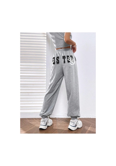 Tarzsokak Letter Graphic Elastic Waist 4 Mevsim Eşofman Gri