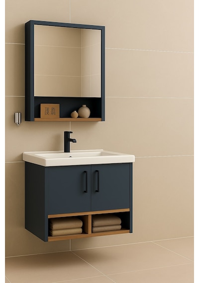Dmz Home Concept Legna 65 Cm Banyo Dolabı Takımı Antrasit & Ahşap Mdf Seramik Lavabolu Alt Ve Üst Dolaplı