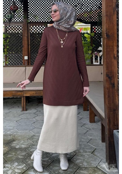 Rabia Şamlı Damla Triko Tunik Kahve Çok Renkli