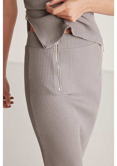 Ethıquet Lauren Kadın Slim Fit Fermuar Detaylı Midi Gri Etek