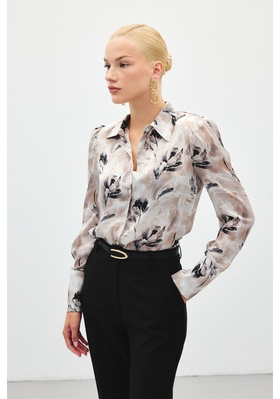 Sateen Vatkalı Desenli Gömlek - Gri-136407 Gri