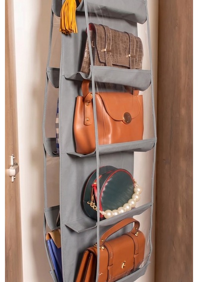 Pamuklu Çanta Saklama Organizeri - 10 Cepli Çanta Düzenleyici - 125x37cm 1 Parça Pembe