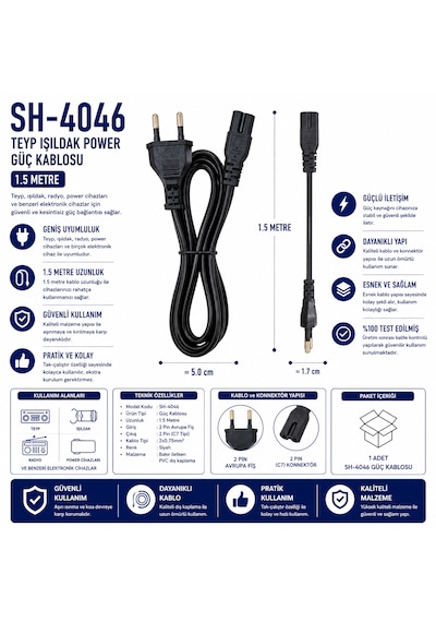 Sh-4046 C7 Teyp Işıldak Power Güç Kablosu 1.5 Metre 1.5 M