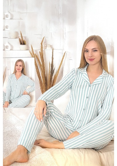 Remsa Kadın Çizgili Desen Önü Düğmeli Suprem Pijama Takımı 0490 Yeşil01 Yeşil01