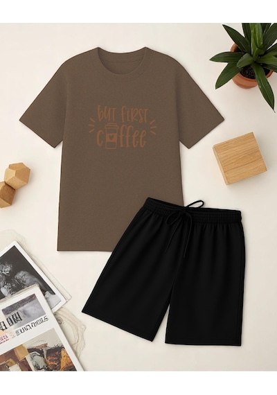 Uyguntarz But First Coffee Baskı Şort Takım Kahverengi