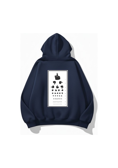 Uyguntarz Unisex Yumuşak Dokulu Göz Testi Baskılı Tasarım Oversize 3 İplik Hoodie Sweatshirt Indigo