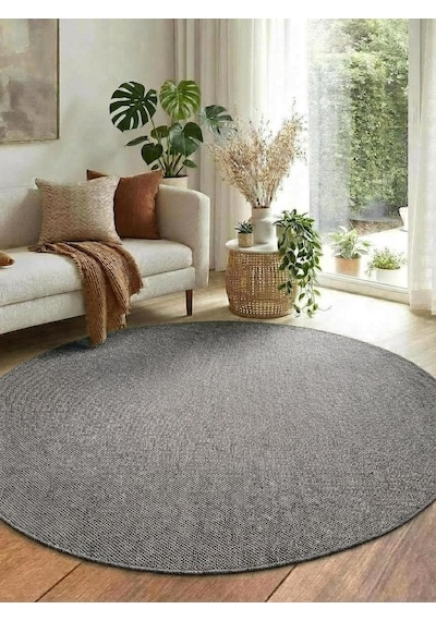 Yuvarlak Sisal Elit 1016 Gri Hasır Görünümlü Modern Salon Oturma Odası Dört Mevsim Halı Antrasit Antrasit