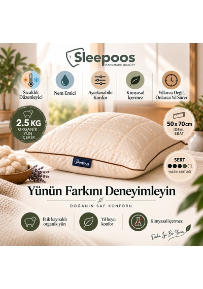 Sleepoos %100 Organik Yün Yastık 50 x 70