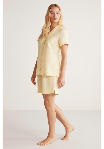 Penye Mood Kadın Kısa Kol Önden Düğmeli Şortlu Sarı Pijama Takımı C0t4n6o9 001