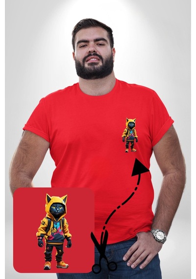 Angemiel Spor Eşofman Takımı Sarı Kedi İnsan Kırmızı Büyük Beden Kadın Basic Minimal Baskılı Tişört Kırmızı