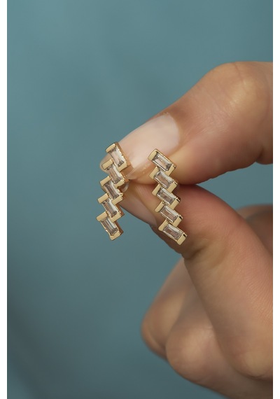 Rose Kaplama Baget Taşlı Asimetrik Sıralı Kadın Küpe Rose Gold