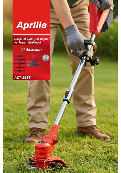 Aprilla Act-8966 Şarjlı Ot, Çalı &amp Çim Biçme Tırpan Makinesi / 21v &amp 8000 Dev/dk &amp 11 Aksesuar