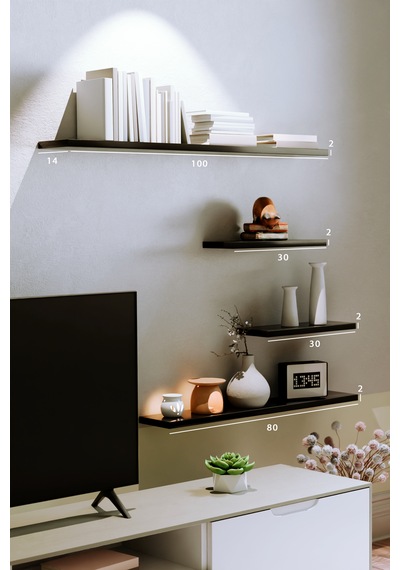 Yankı-BYEG 4lü 100 cm 80 cm 30 cm Mat Siyah Mdf Duvar Rafı Tv Ünitesi