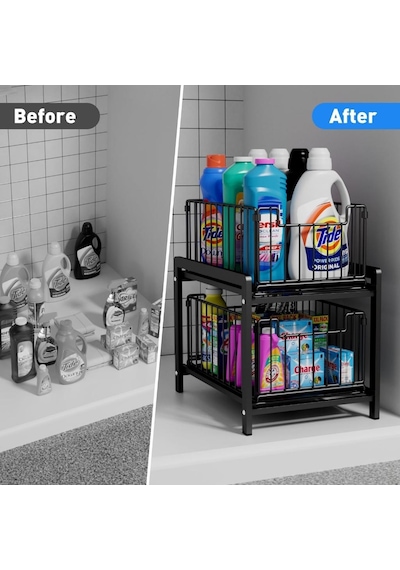 Çok Amaçlı 2 Raflı Raylı Sepet Düzenleyici Banyo Mutfak Lavabo Altı Dolap İçi Tezgah Üstü Organizer Siyah