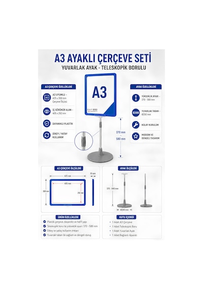 5 Adet - A3 Ayaklı Çerçeve Seti Yuvarlak Tabanlı Teleskopik Fiyat Etiketi Standı Mavi