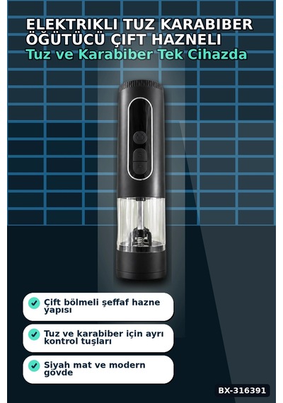 Elektrikli Tuz Ve Karabiber Öğütücü Şarjlı Çift Bölmeli Led Işıklı Mutfak Değirmeni Bx-316391 Çok Renkli