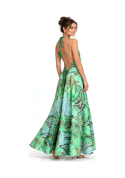 Lili Woman Kadın Yeşil Ombreli Batik Desenli Halter Yaka Otantik Maxi Elbise Mo.melb01y